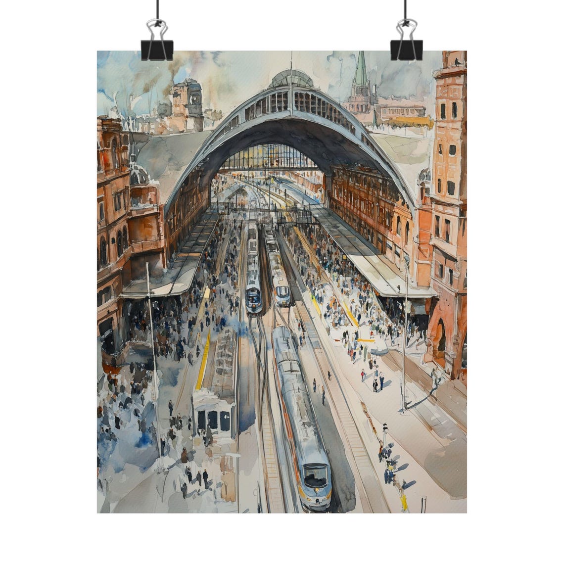 Grand European Train Station Hall Watercolor Architecture Poster