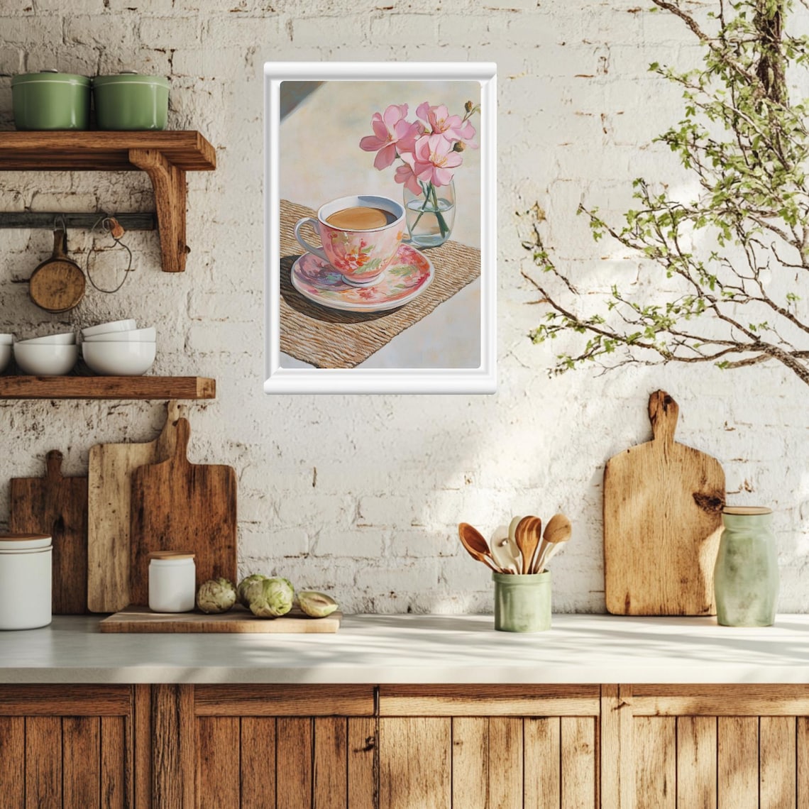 Pink Floral Teacup Blossoms Sunlit Woven Mat Painting Poster - Image 2