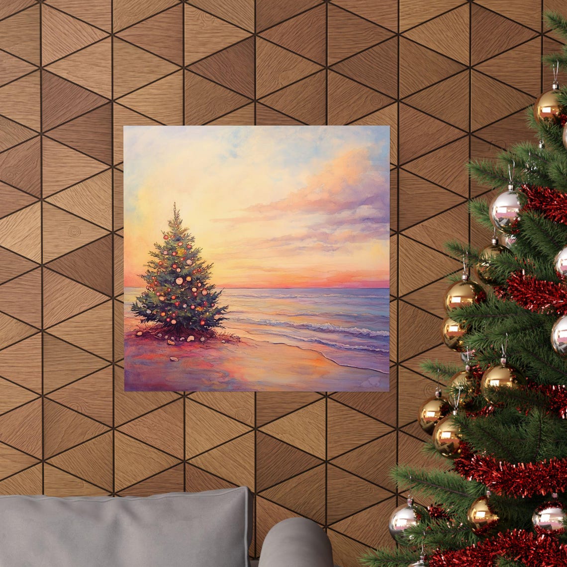 Decorated Christmas Tree on Beach at Sunset Watercolor Poster - Image 3