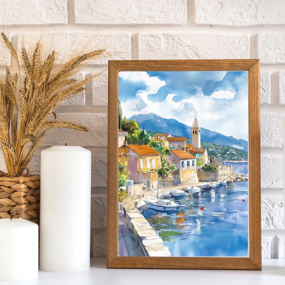 Croatian Coastal Town Harbor with Bell Tower Watercolor Poster - Image 3