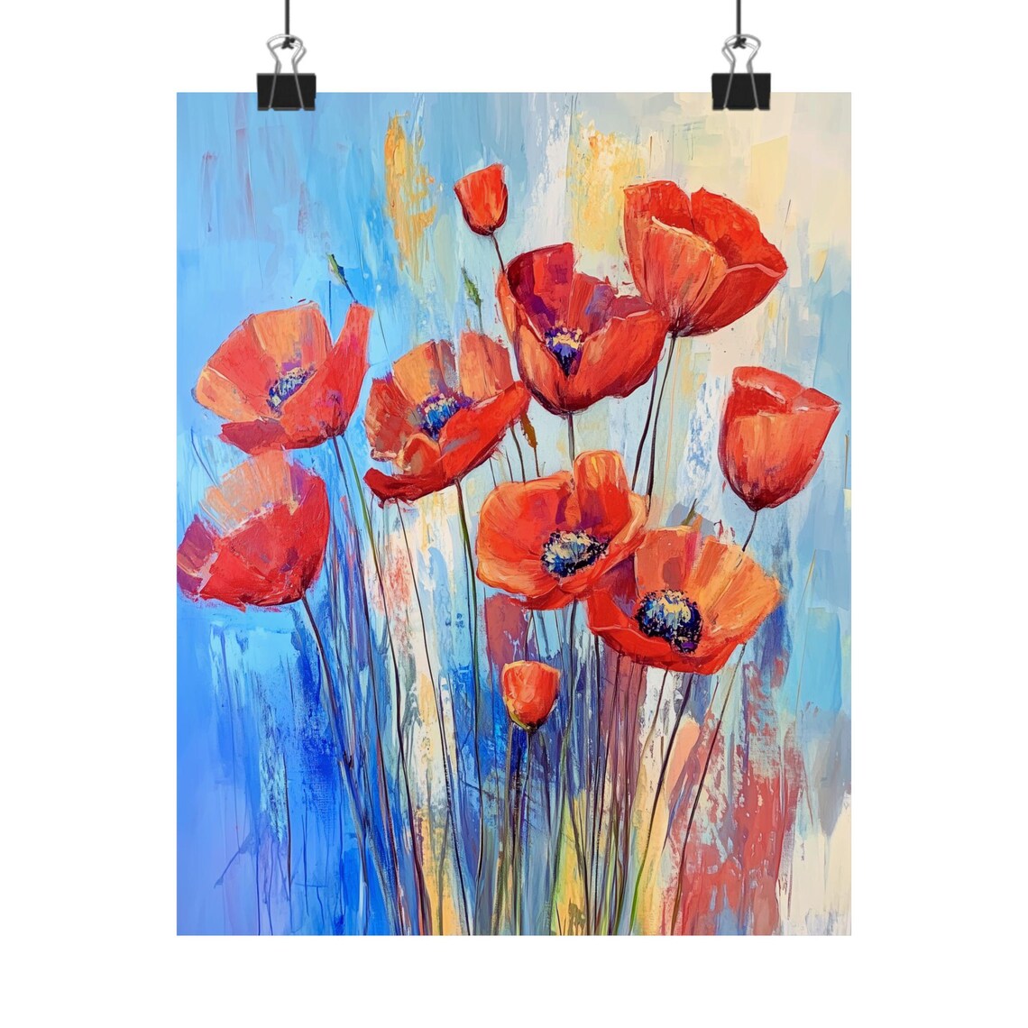 Red Poppy Watercolor Art Print, Blue Sky Modern Flower