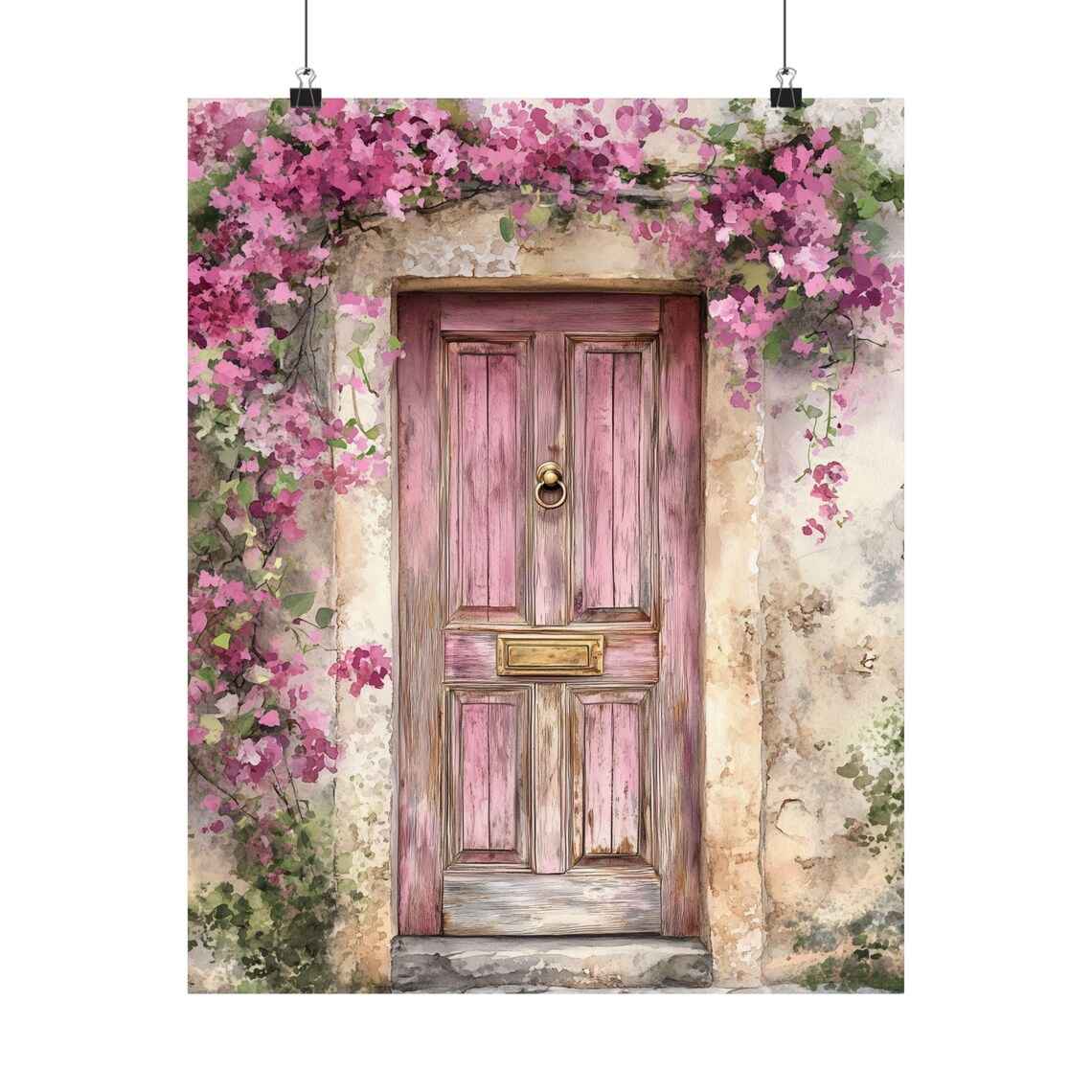 Pink Door Watercolor Art Print, Rustic European Doorway
