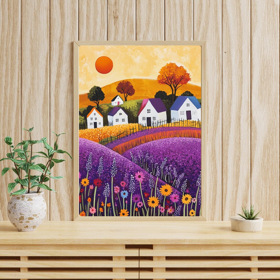 Whimsical Folk Art Village Houses in Purple Lavender Fields Poster - Image 4