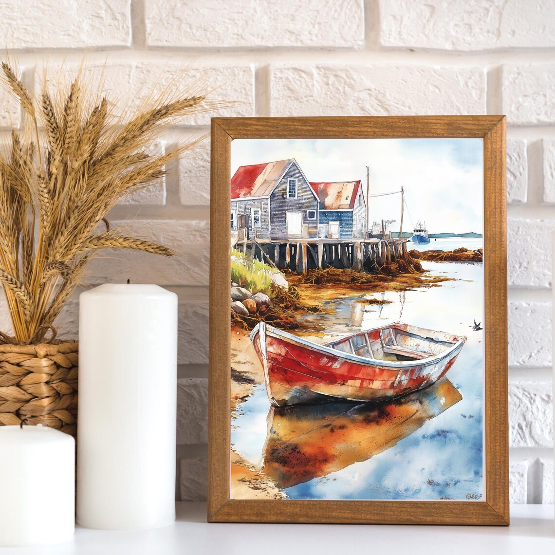 Fishing Village Watercolor Coastal Scene Art Print - Image 3