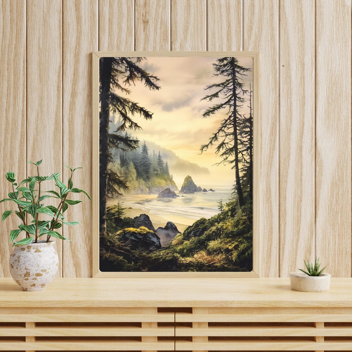 Coastal Sunset Beach Scene Art Moody Misty Beach Wall Art Print Sitka Spruce Trees Artwork Ocean And Rocks Print Nature Landscape - Image 4