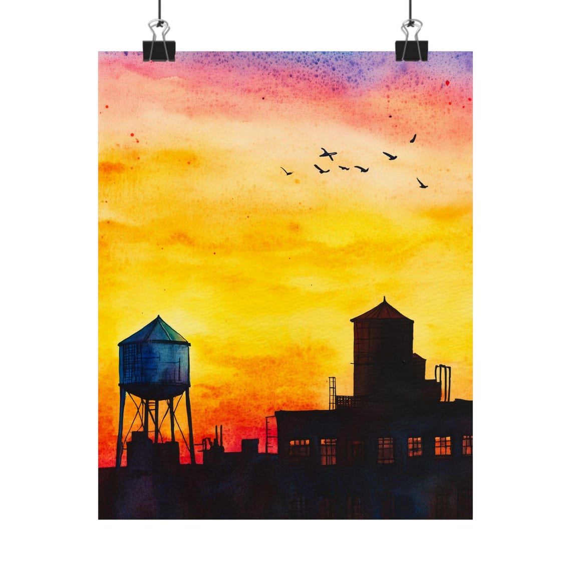 Urban Rooftop Sunset Silhouette Water Towers Birds Watercolor Poster