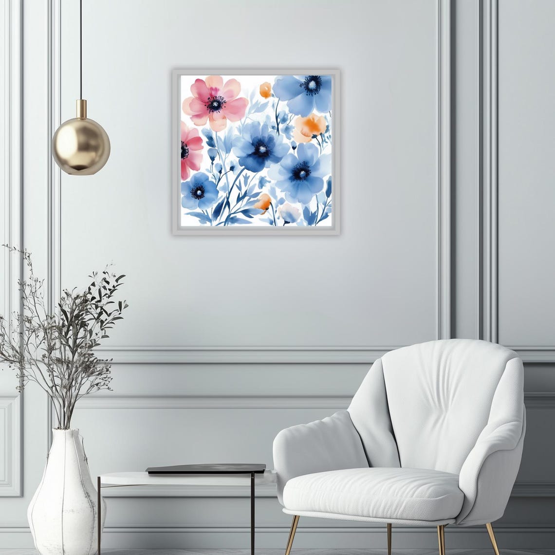 Delicate Blue and Pink Anemone Flowers Watercolor Modern Floral Print - Image 3