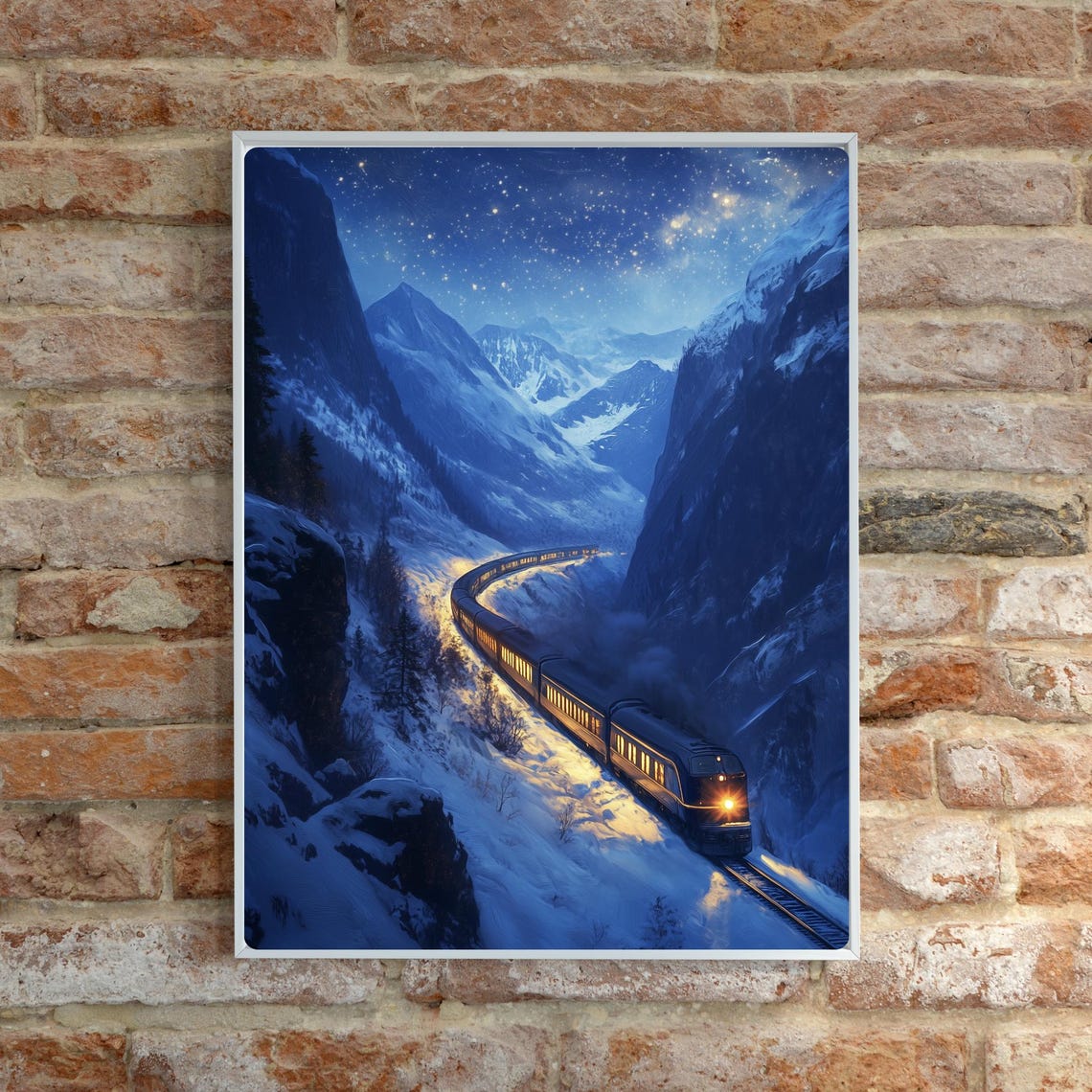 Winter Night Train Crossing Snowy Mountain Peaks Under Stars Poster - Image 5
