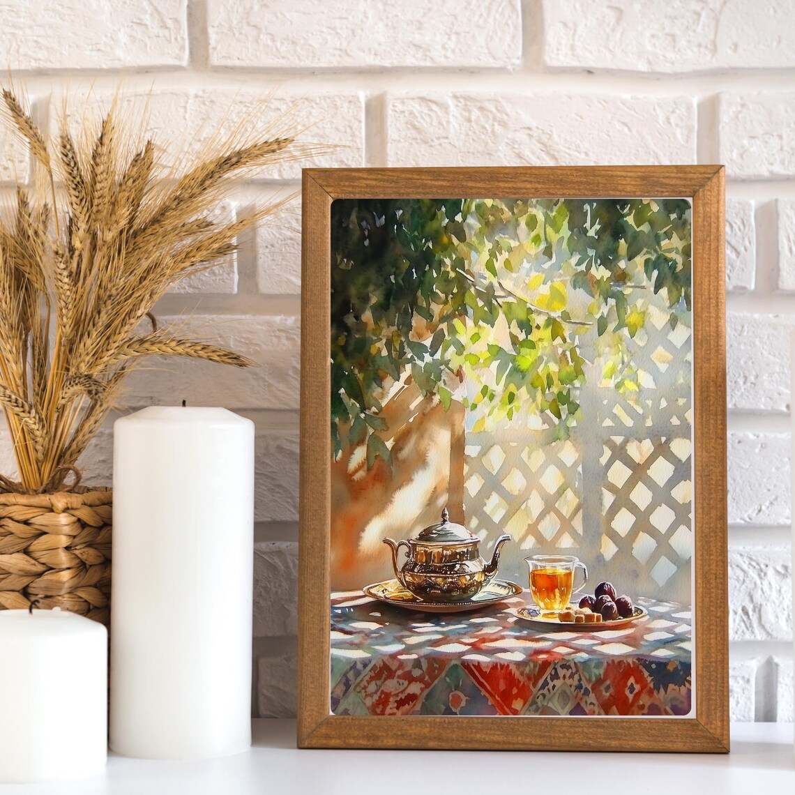 Moroccan Tea Art Still Life Painting Print Silver Teapot Wall Decor Sunlight Scene Art Watercolor Table Setting - Image 2