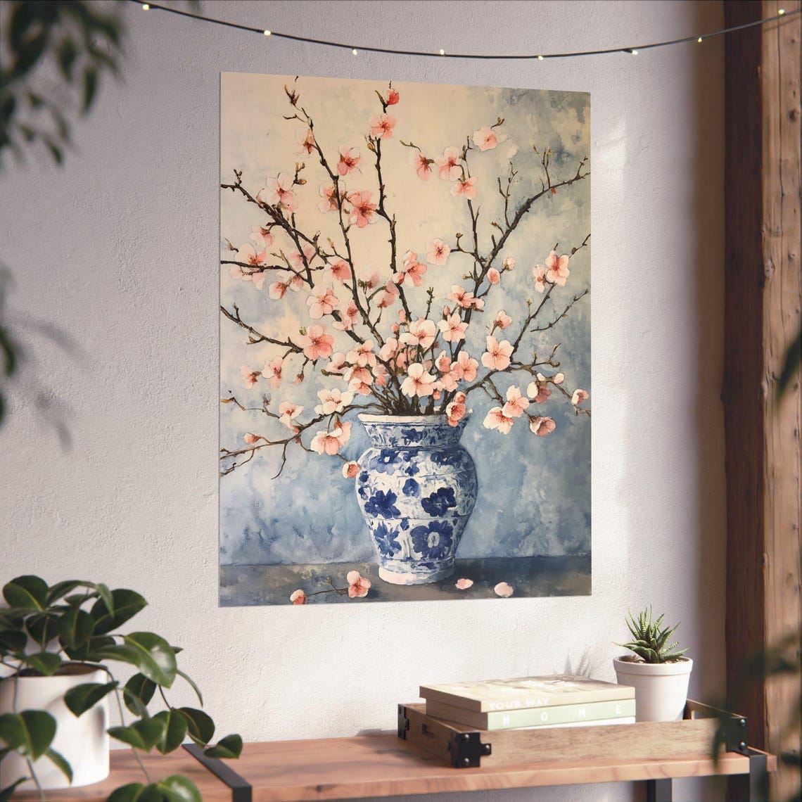 Cherry Blossom Branches in a Blue and White Porcelain Vase Print - Image 6