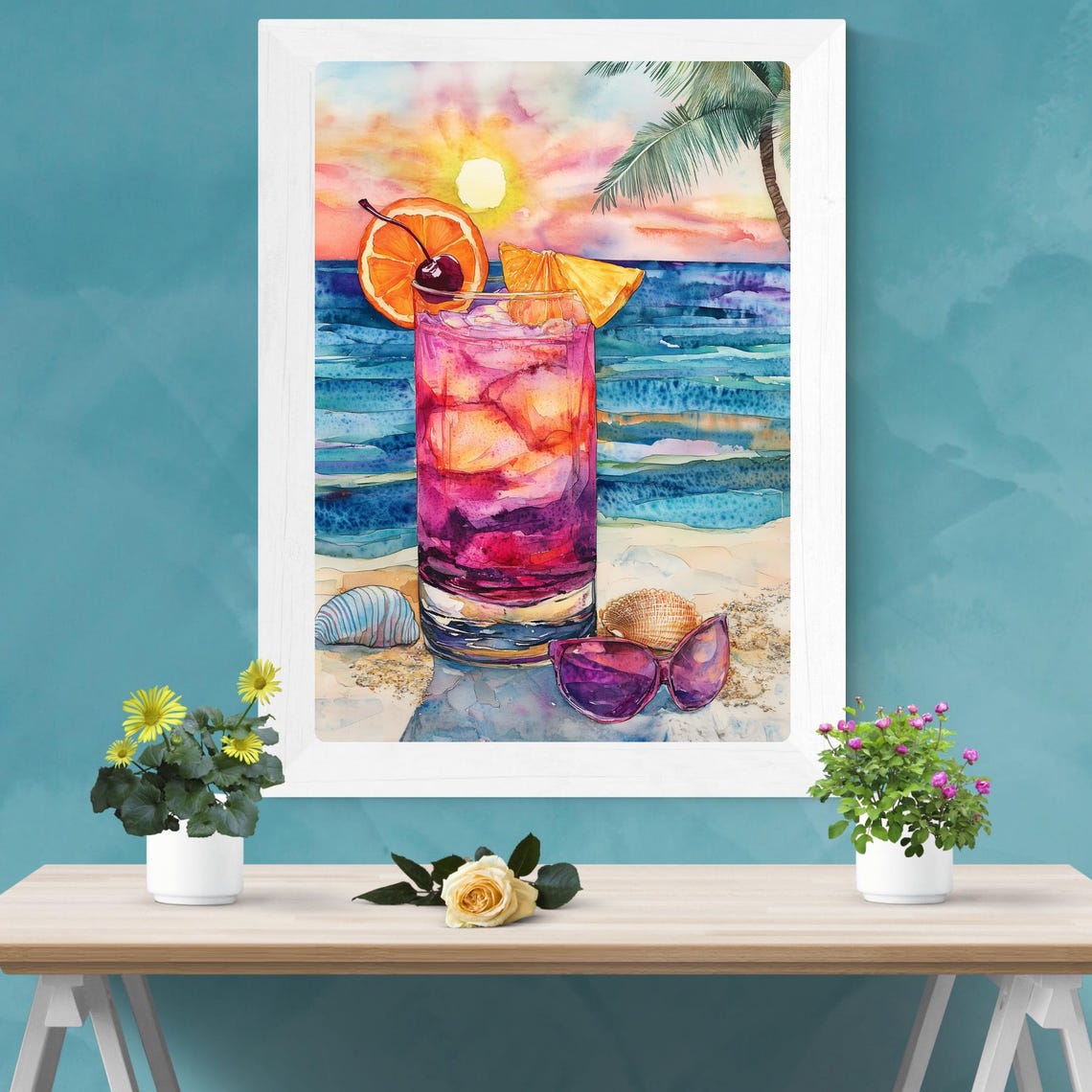 Pink Tropical Cocktail with Orange on a Beach at Sunset Poster - Image 4