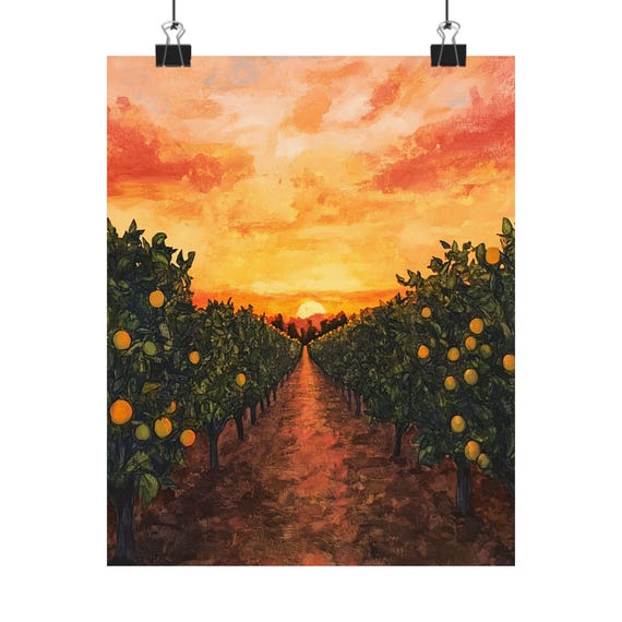 Citrus Orchard Sunset Painting Orange Grove Art Sunset Landscape Print Fruit Tree Artwork Golden Hour Orchard Decor