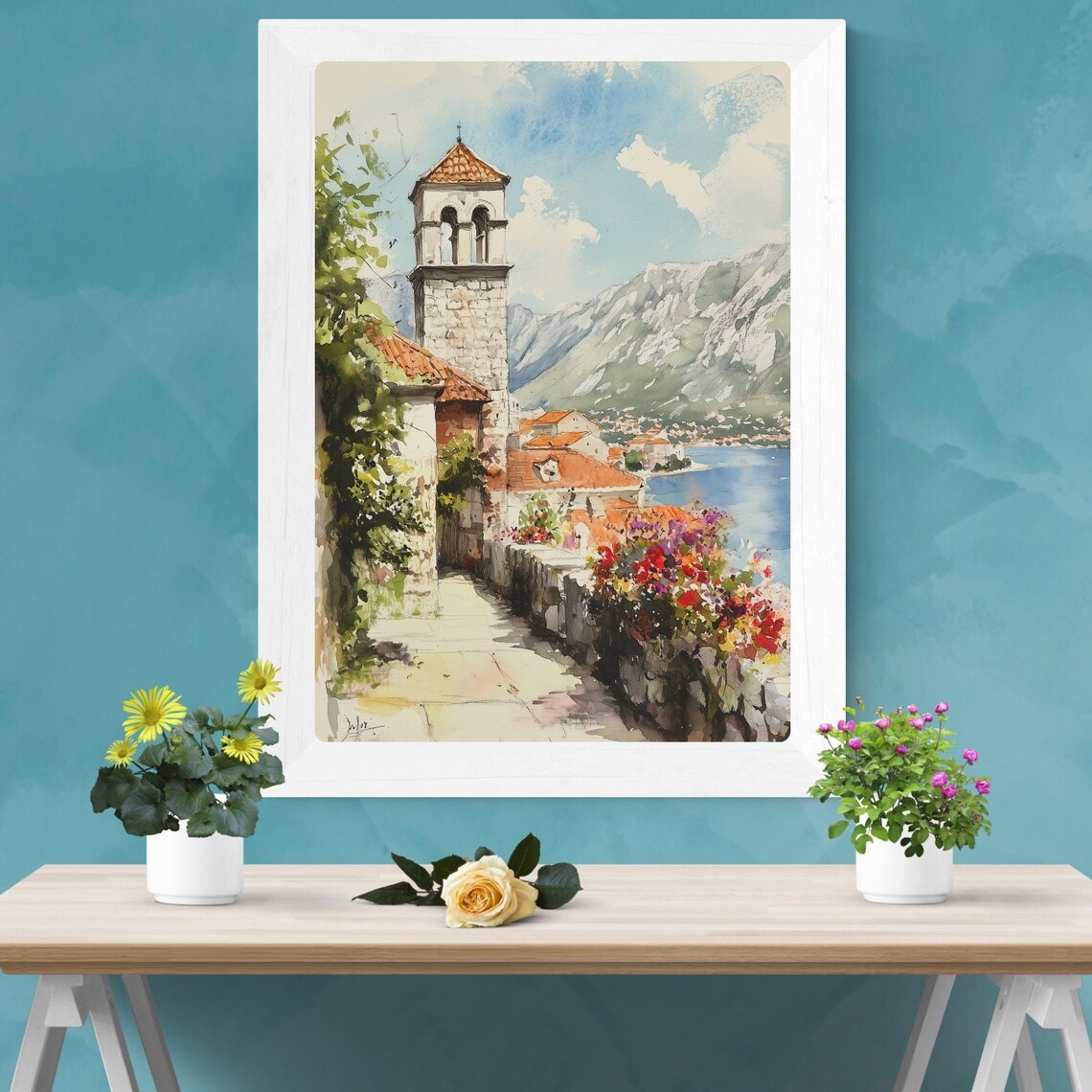 Kotor Montenegro Bell Tower Bay Blooming Flowers Watercolor Poster - Image 3