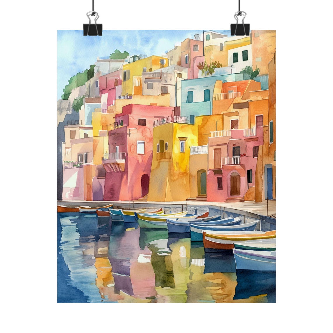 Procida Italy Colorful Harbor Houses Boats Watercolor Poster
