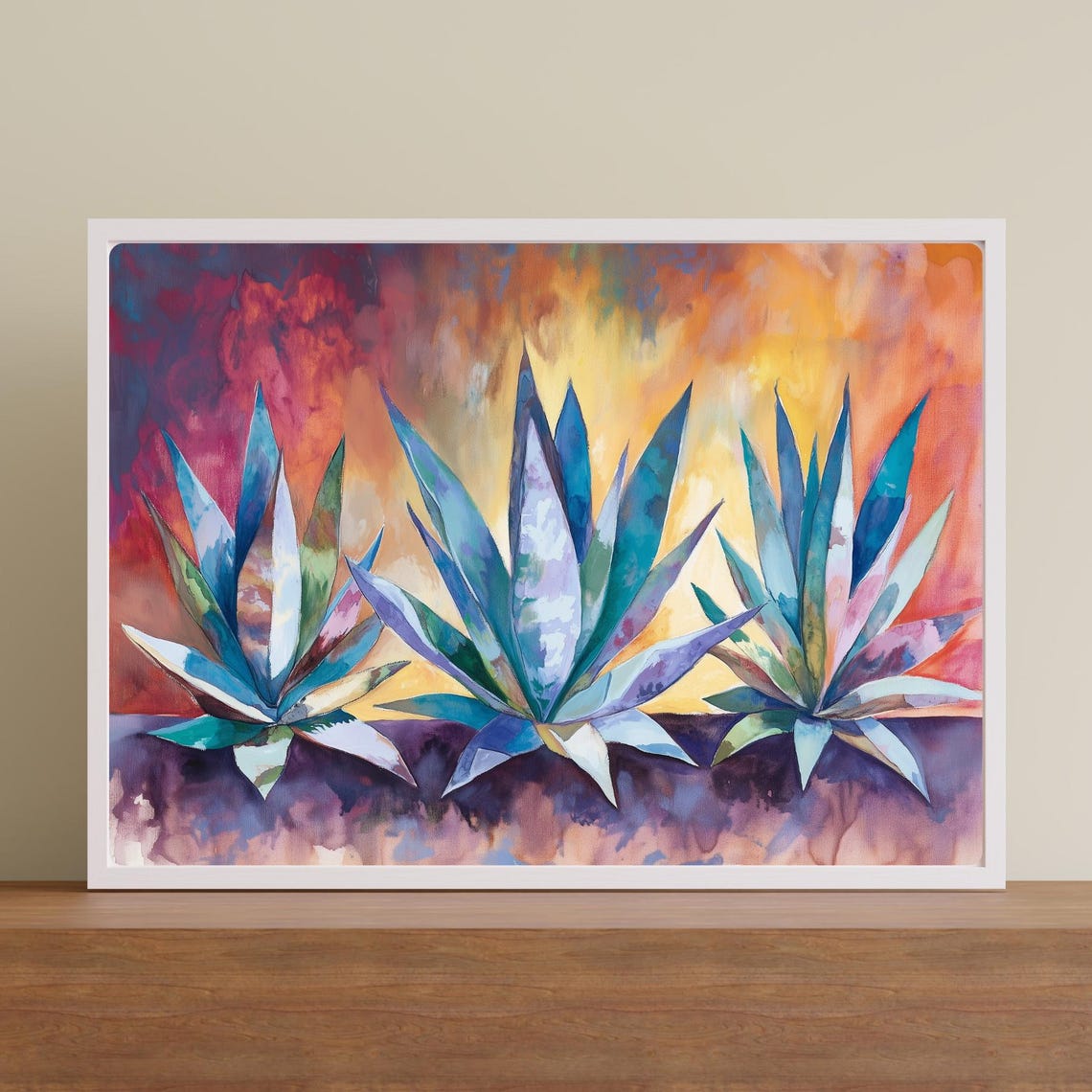 Three Agaves Vivid Desert Sunset Dramatic Watercolor Botanical Poster - Image 2