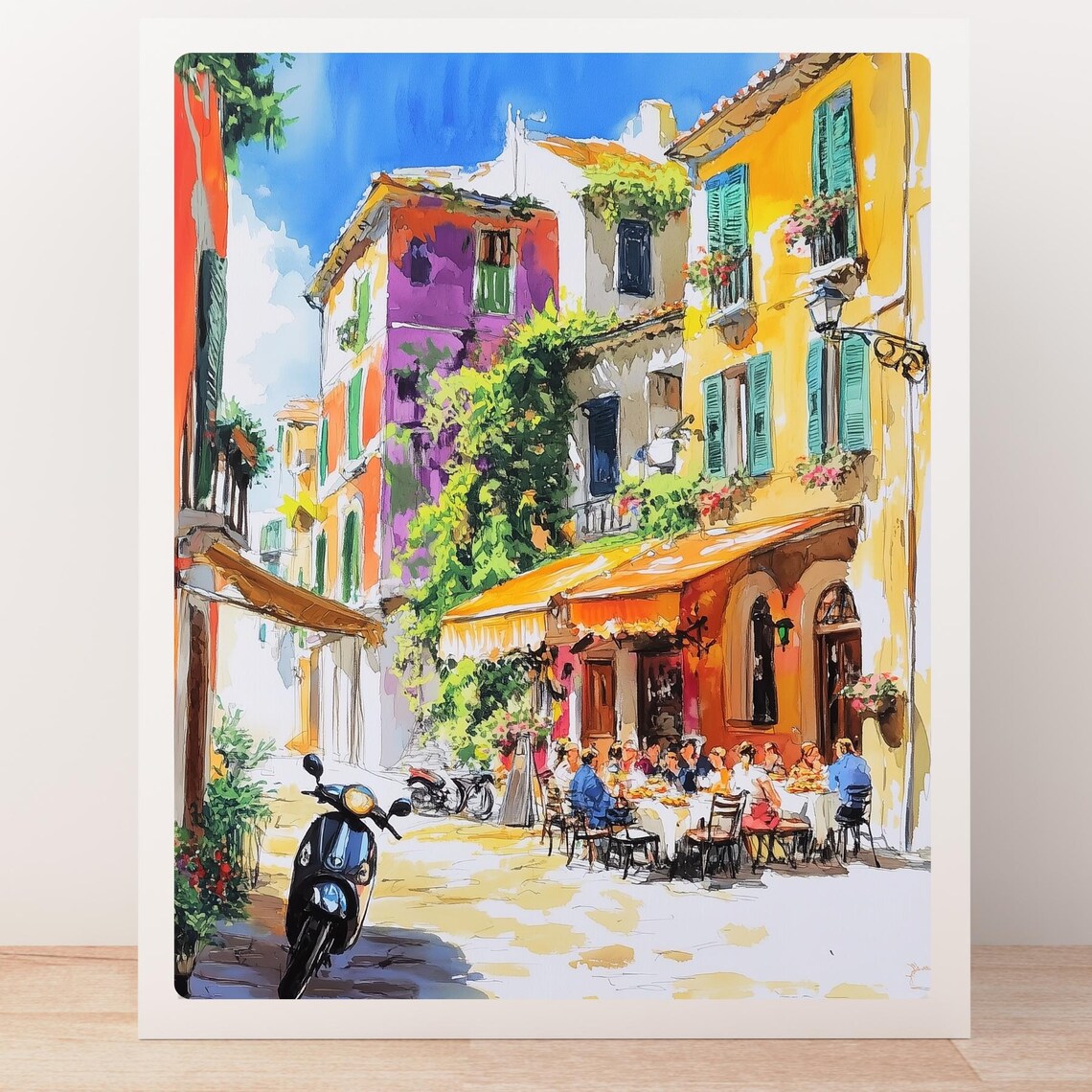 Italian Pizzeria Square Colorful Vespa Street Gouache Poster - Image 5