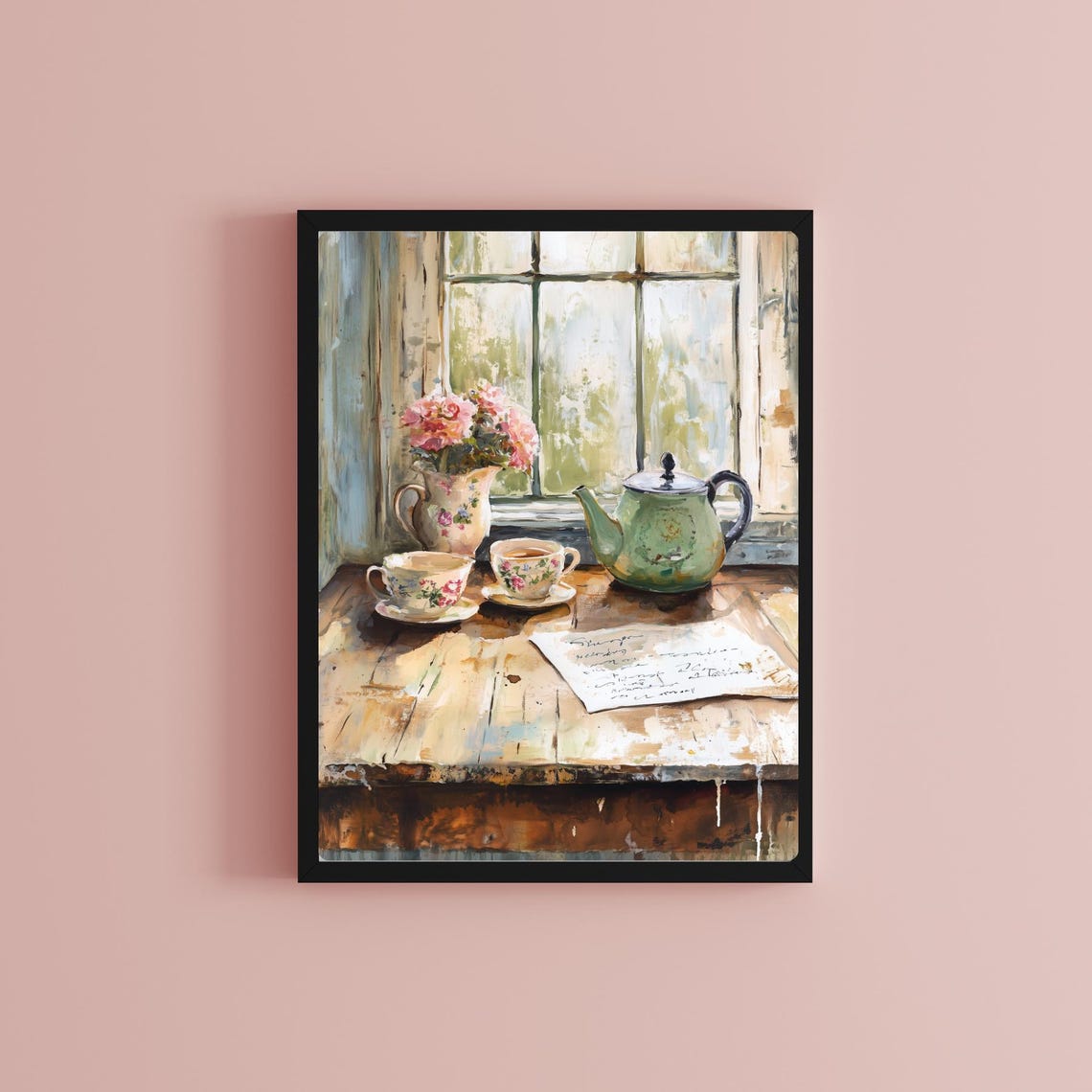 Vintage Tea Set by Window Floral Teapot Cottage Still Life Poster - Image 2
