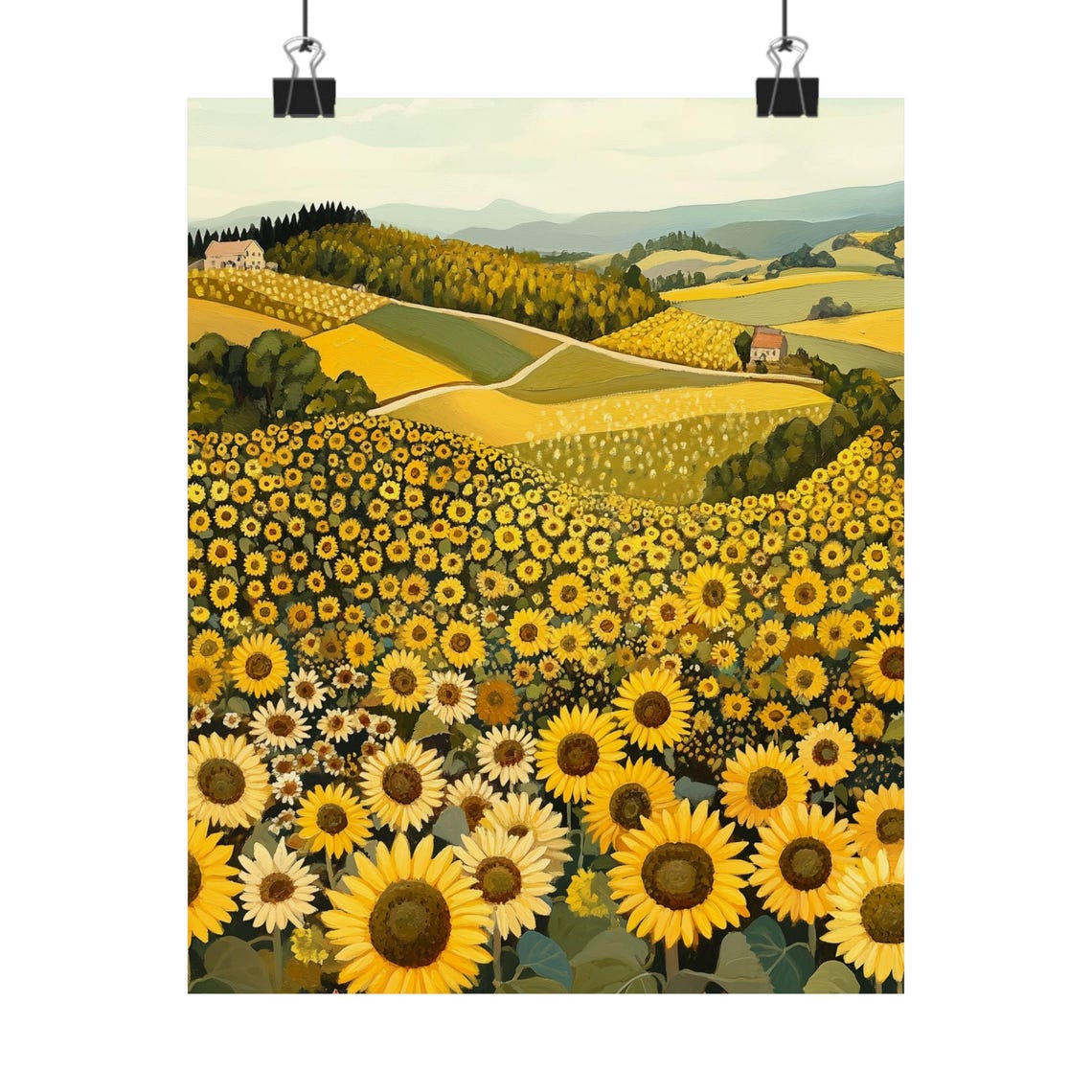 Tuscan Sunflower Field Rolling Countryside Farm Landscape Poster