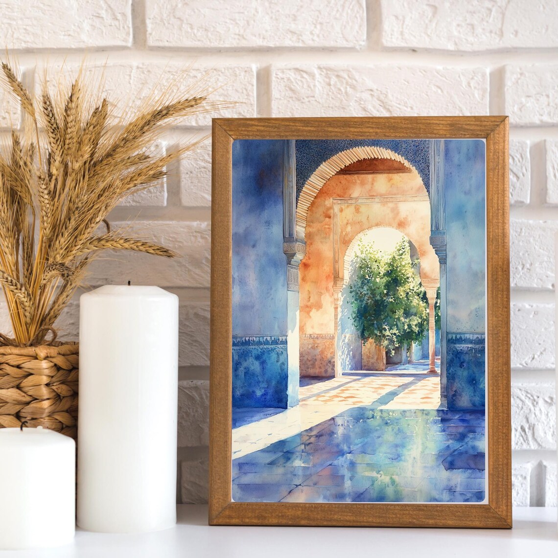 Alhambra Granada Moorish Arches Sunlit Courtyard Watercolor Poster - Image 2