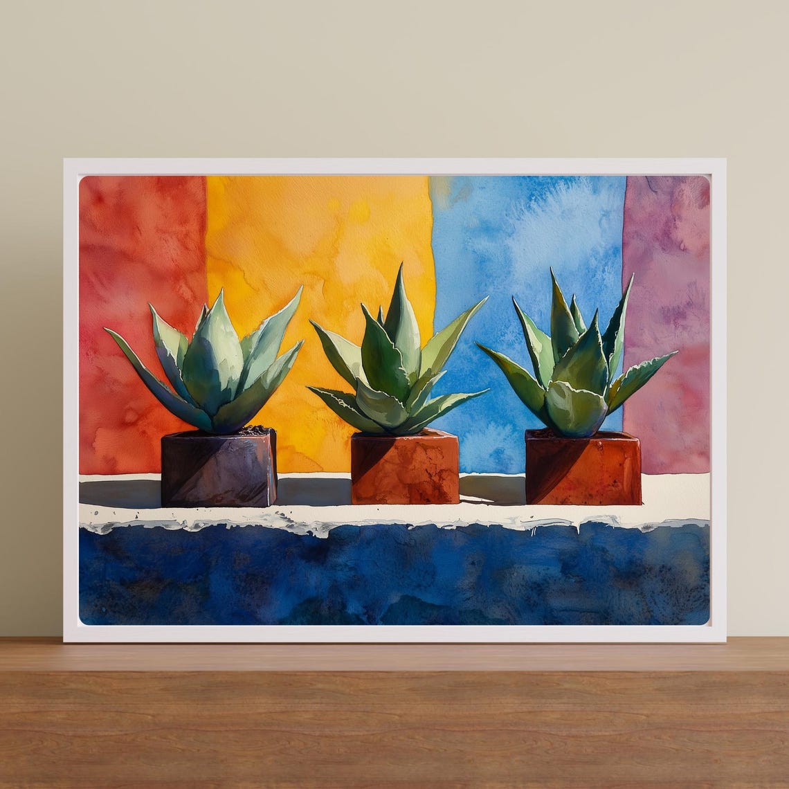 Three Potted Agaves Bold Color Block Watercolor Botanical Wall Poster - Image 2