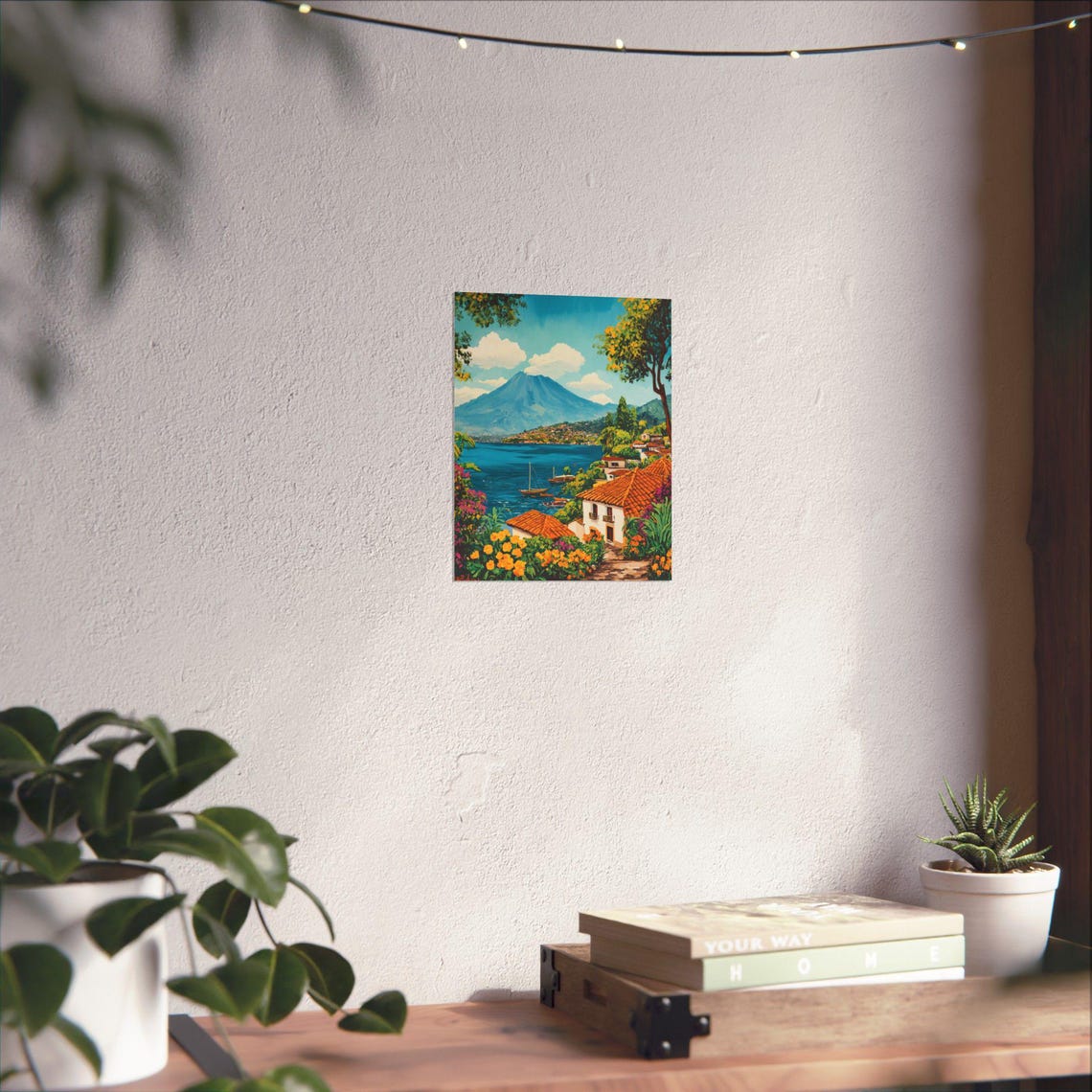 Lake Atitlan Guatemala Village Lakefront Volcano Gouache Poster - Image 4