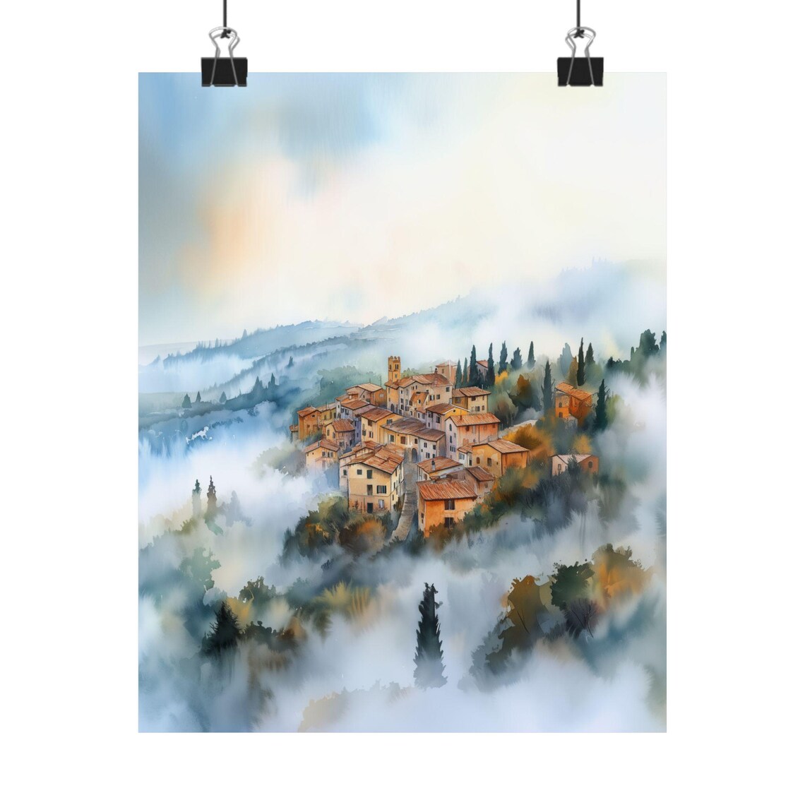 Foggy Italian Hill Town Misty Morning Village Watercolor Poster