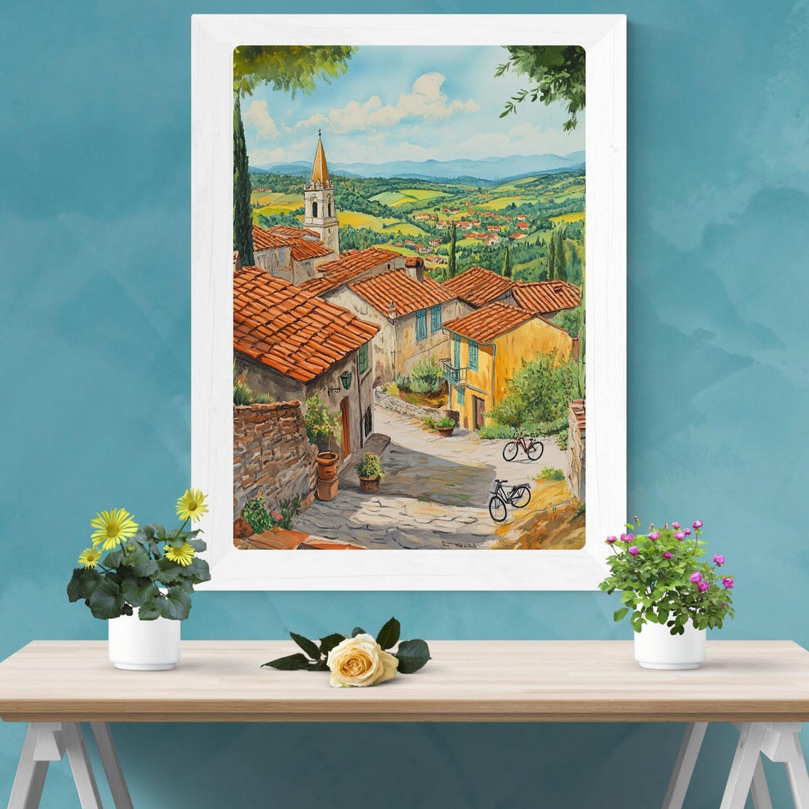 Tuscany Village Bell Tower Bicycles Cypress Trees Italy Poster - Image 2