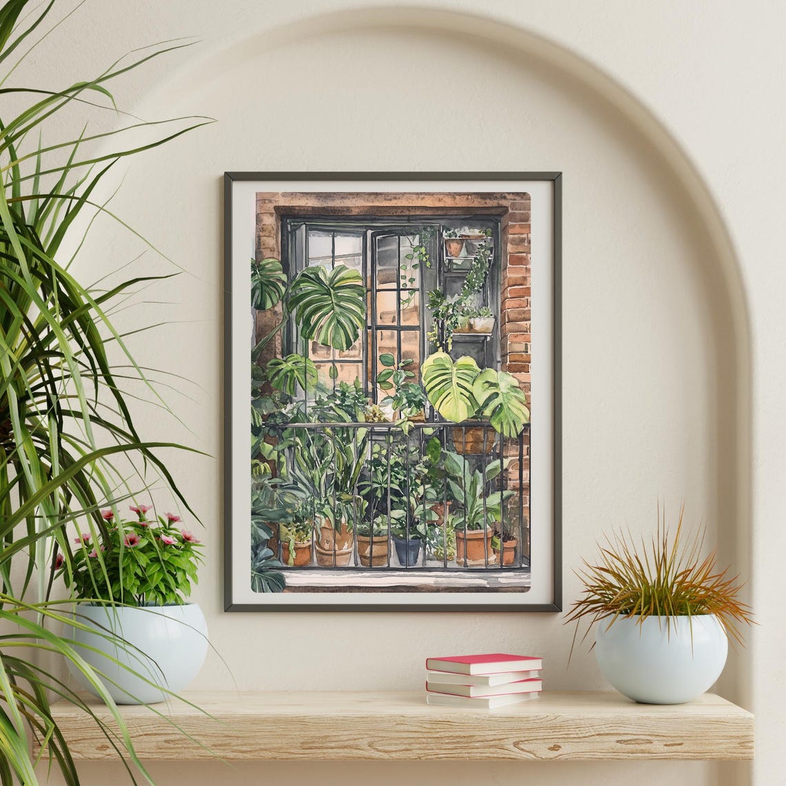 Potted Monstera Plants on a Brick Balcony Window Scene Poster - Image 4