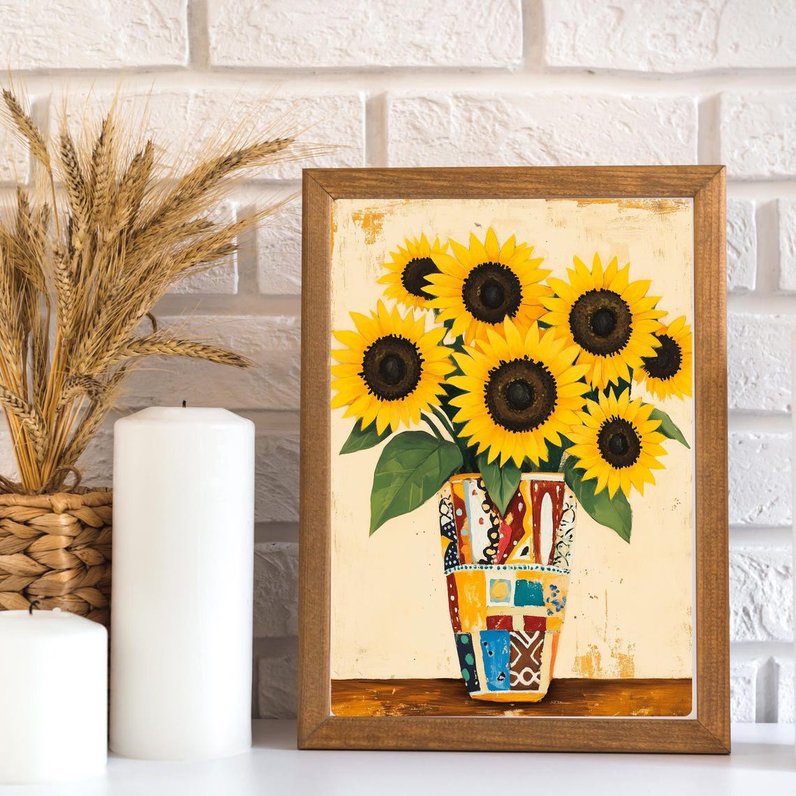 Bright Sunflowers in Patchwork Vase Cheerful Summer Floral Poster - Image 3