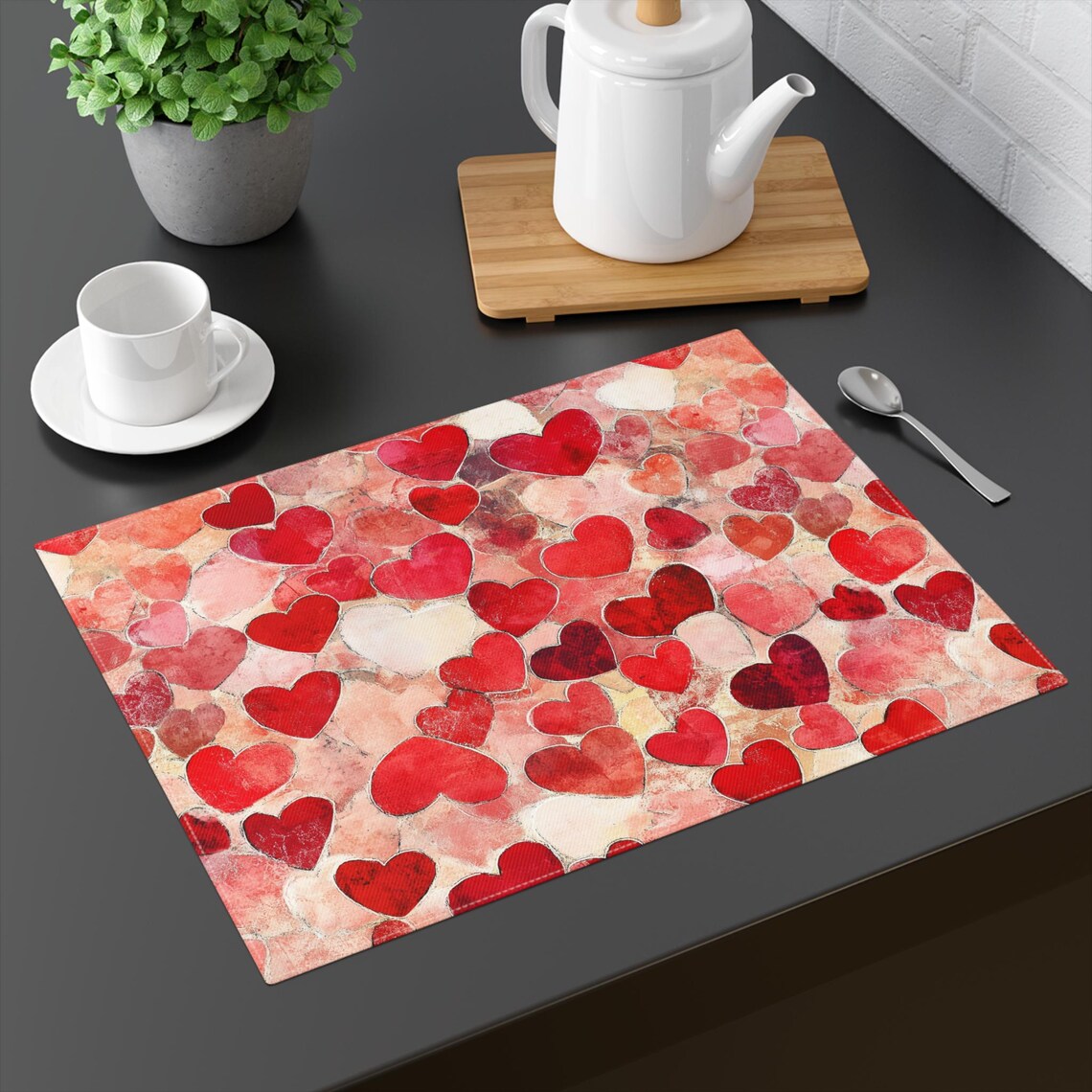 Watercolor Red Hearts Romantic Valentine Table Placemat Decor Print - Image 6