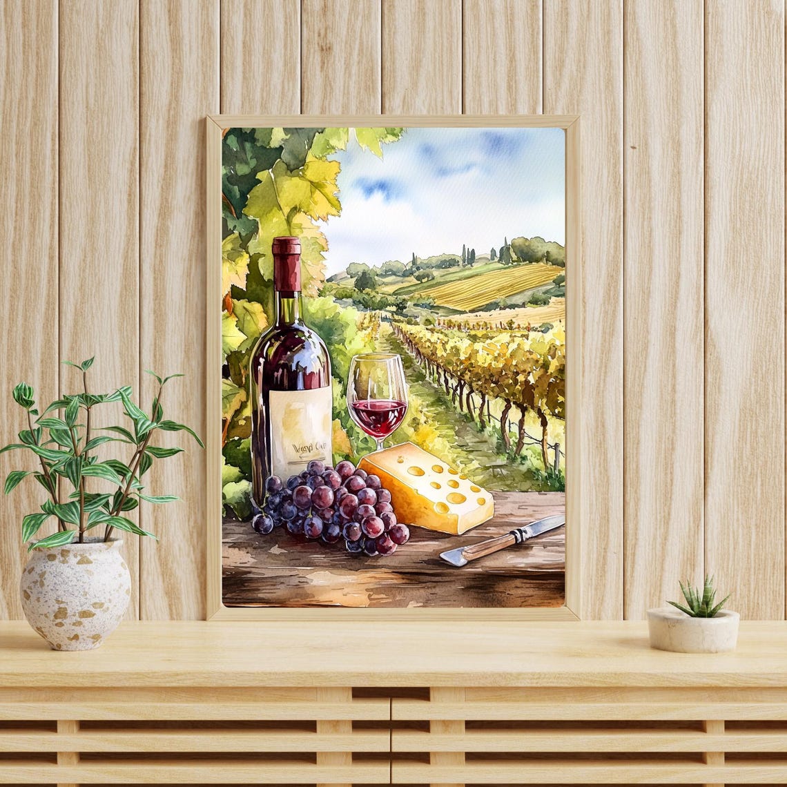 Vineyard Wine Bottle Cheese Grapes Still Life Watercolor Poster - Image 4