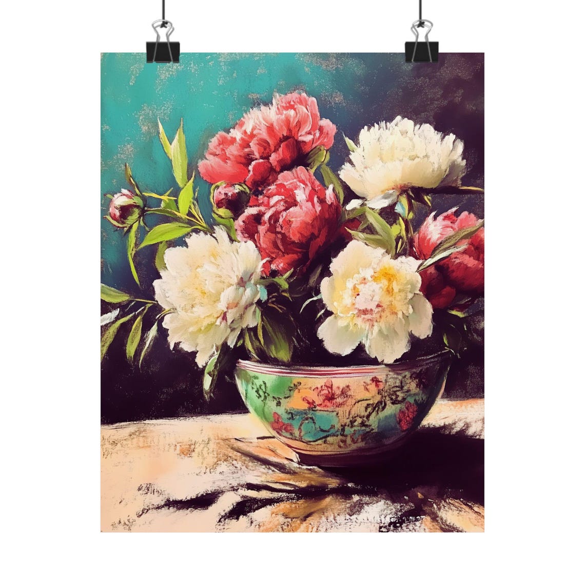 Red and White Peonies in Chinoiserie Bowl Floral Still Life Poster