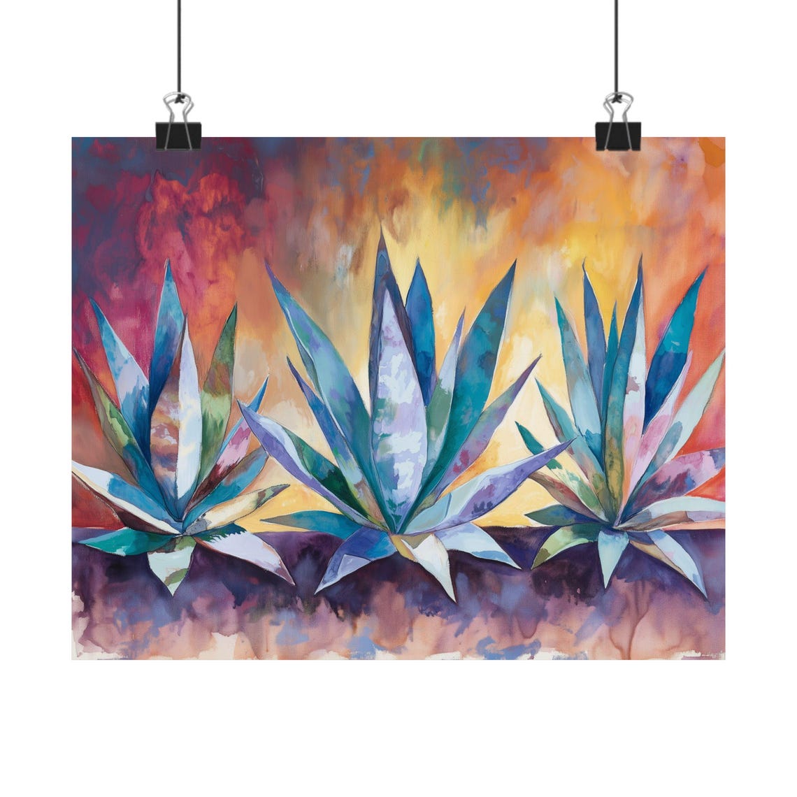 Three Agaves Vivid Desert Sunset Dramatic Watercolor Botanical Poster