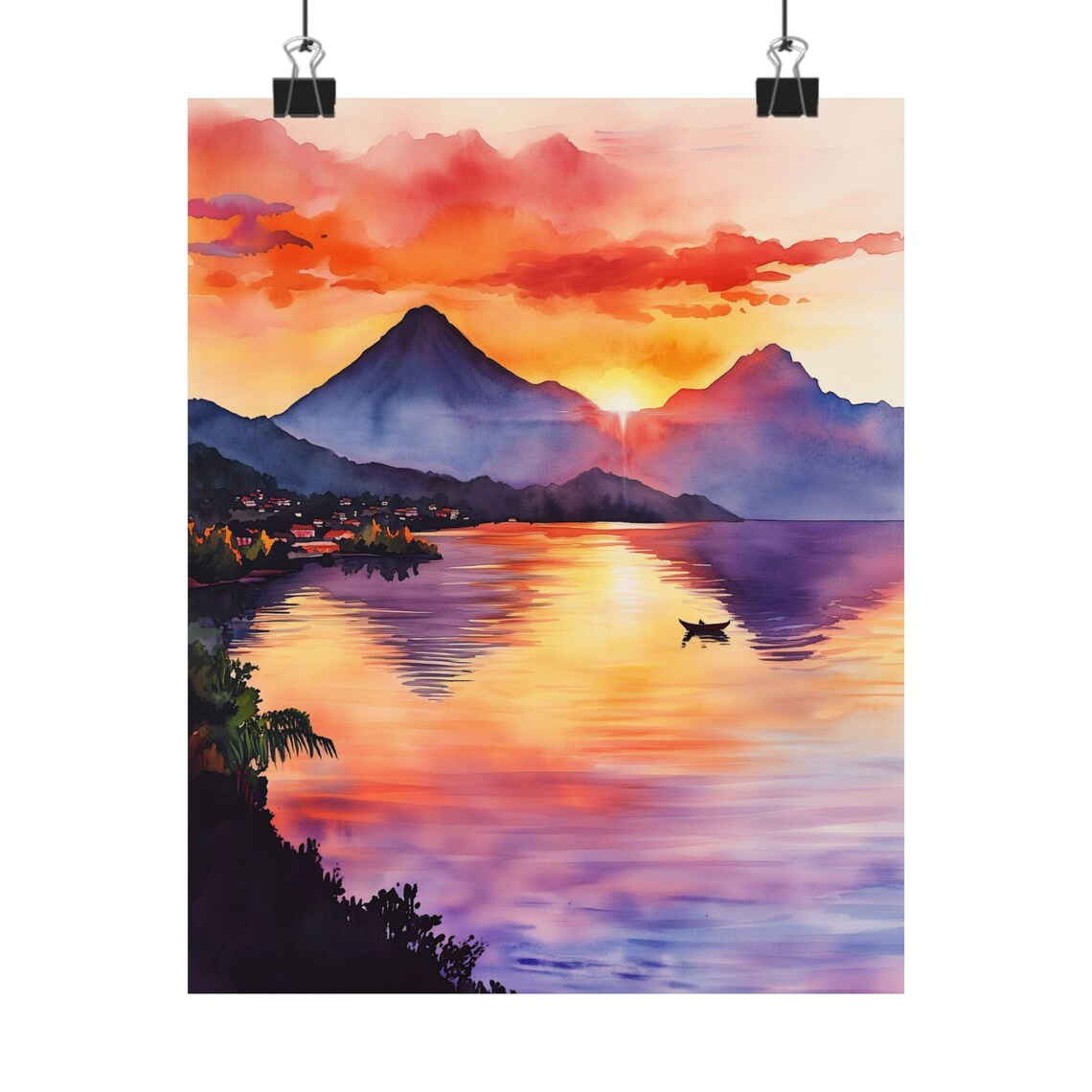 Sunrise Over Lake Atitlan with Volcanoes and a Lone Canoe Poster