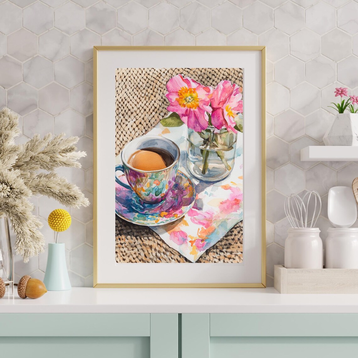 Floral Teacup Pink Cosmos Flowers Bright Watercolor Breakfast Poster - Image 5