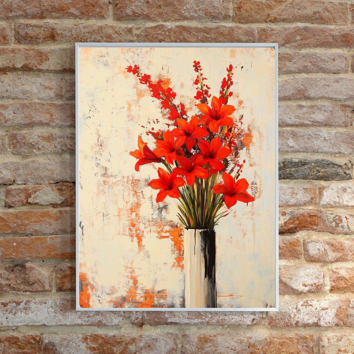 Bold Red Trumpet Flowers in Modern Vase Abstract Floral Poster - Image 2