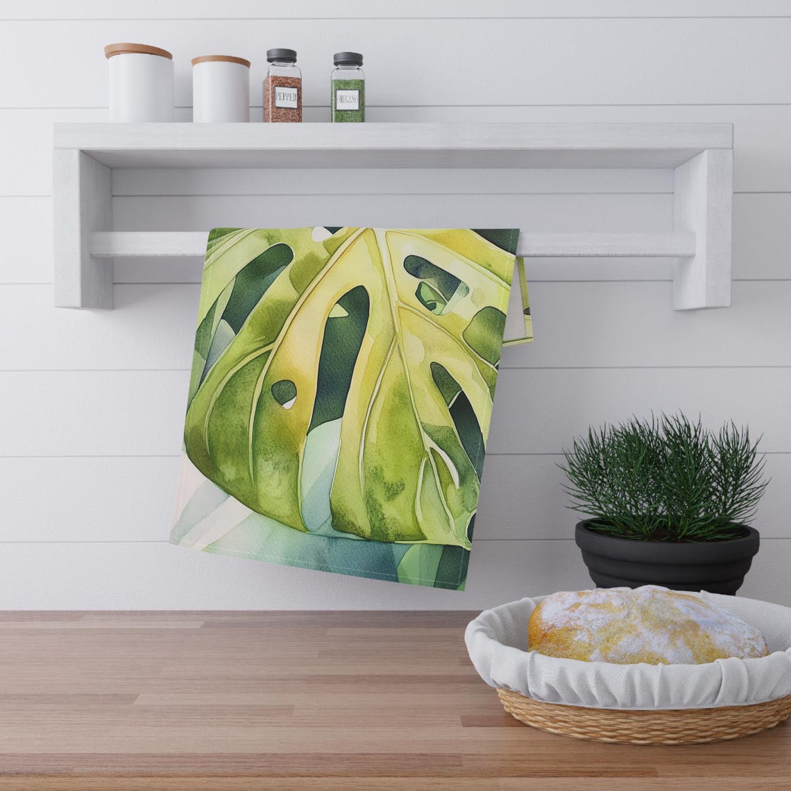 Monstera Leaf Watercolor Botanical Art on a Kitchen Tea Towel Poster - Image 6