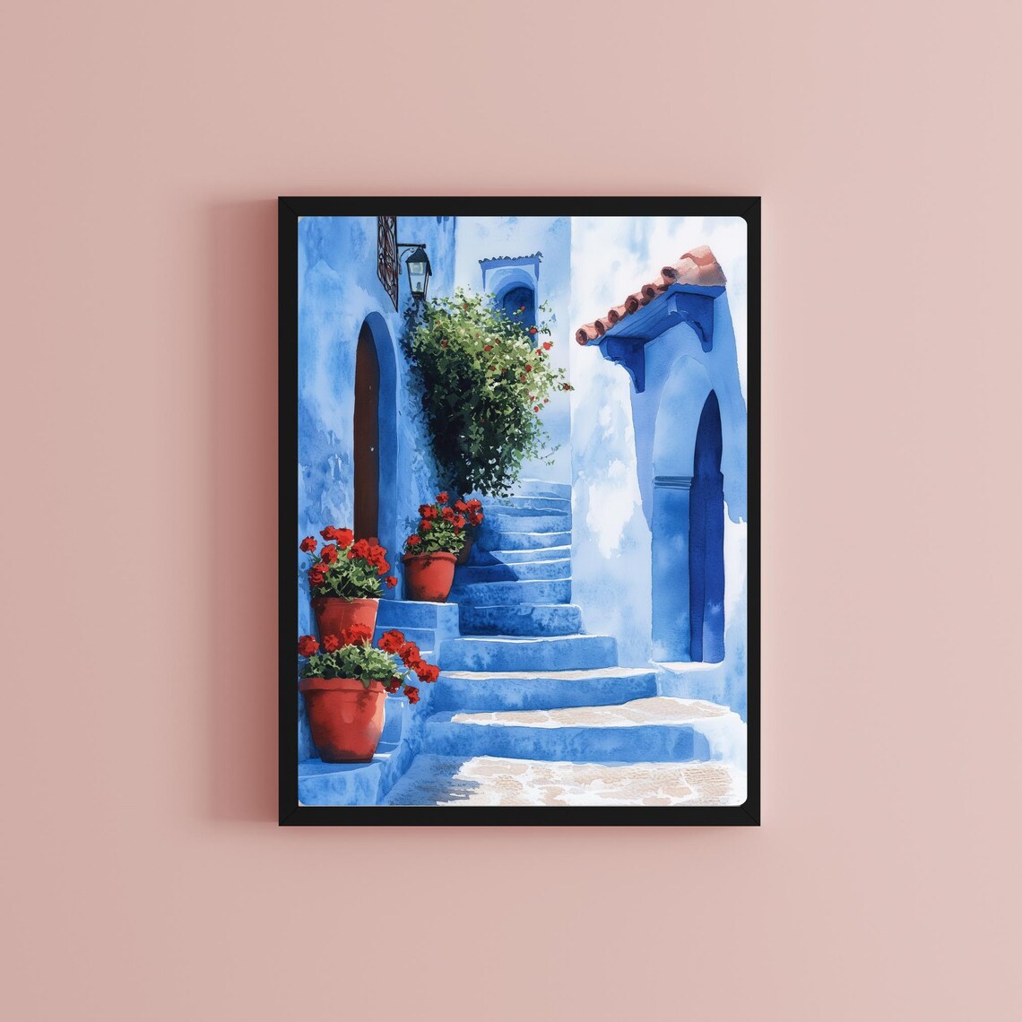 Chefchaouen Blue City Stairs with Red Flowers Watercolor Poster - Image 2