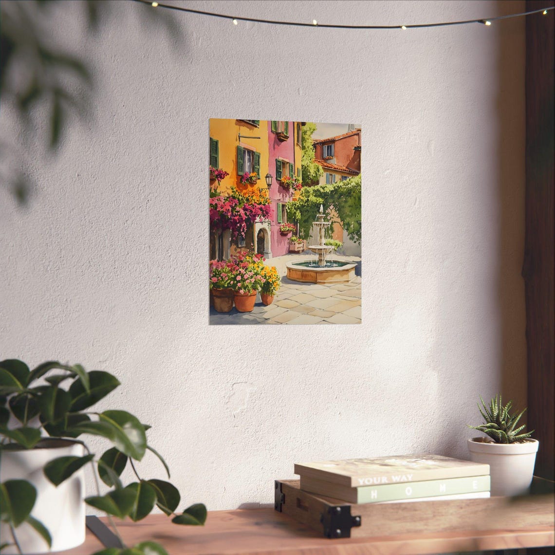 Italian Piazza Fountain with Flower Pots Sunny Watercolor Poster - Image 3