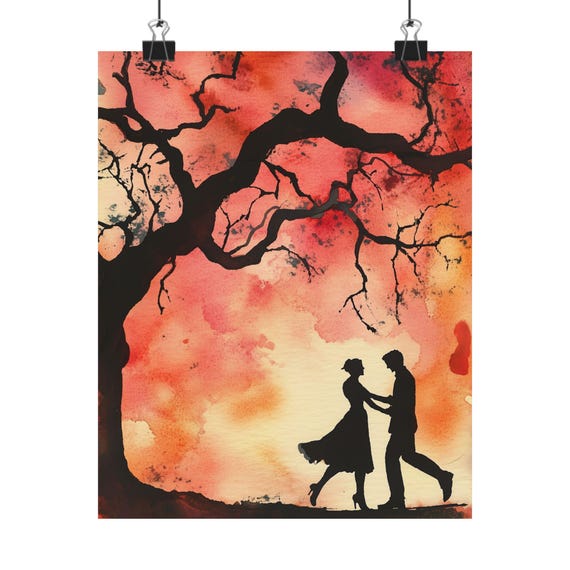 Red Silhouette Couple Art Tree Dance Painting Romantic Scene Decor Sunset Sky Wall Print Couple Art Print Anniversary Print