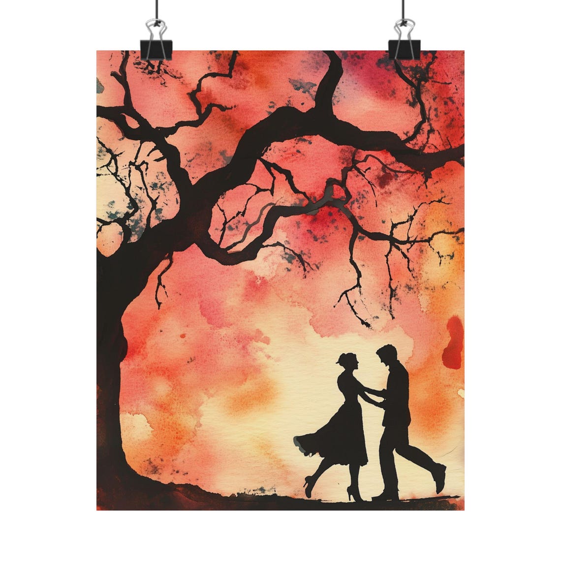Red Silhouette Couple Art Tree Dance Painting Romantic Scene Decor Sunset Sky Wall Print Couple Art Print Anniversary Print