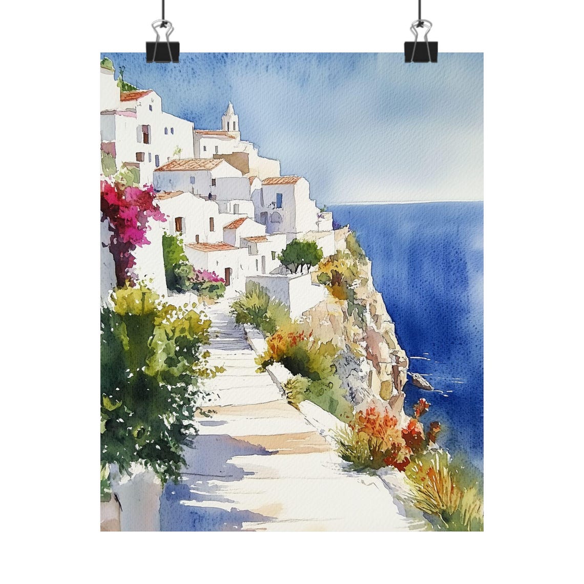Whitewashed Cliffside Village Bougainvillea Mediterranean Poster