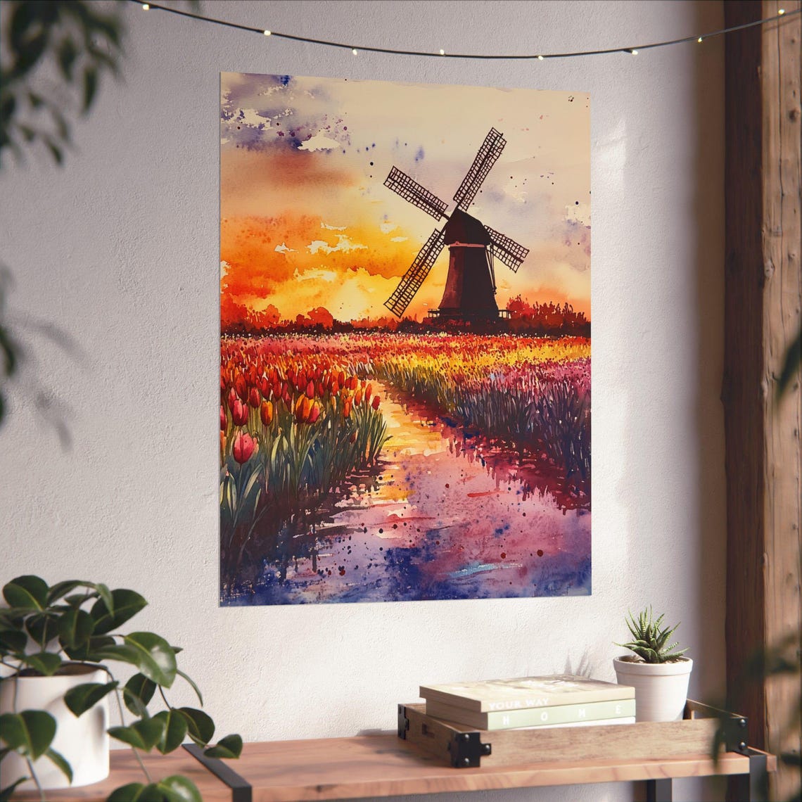 Dutch Windmill Sunset Over Colorful Tulip Fields Watercolor Poster - Image 6