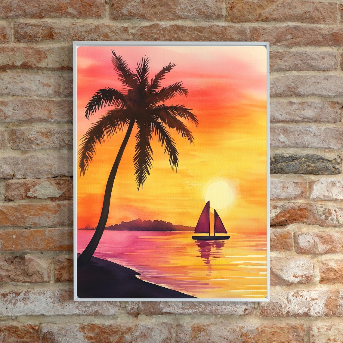 Tropical Sunset Sailboat Palm Silhouette Ocean Beach Watercolor Poster - Image 6
