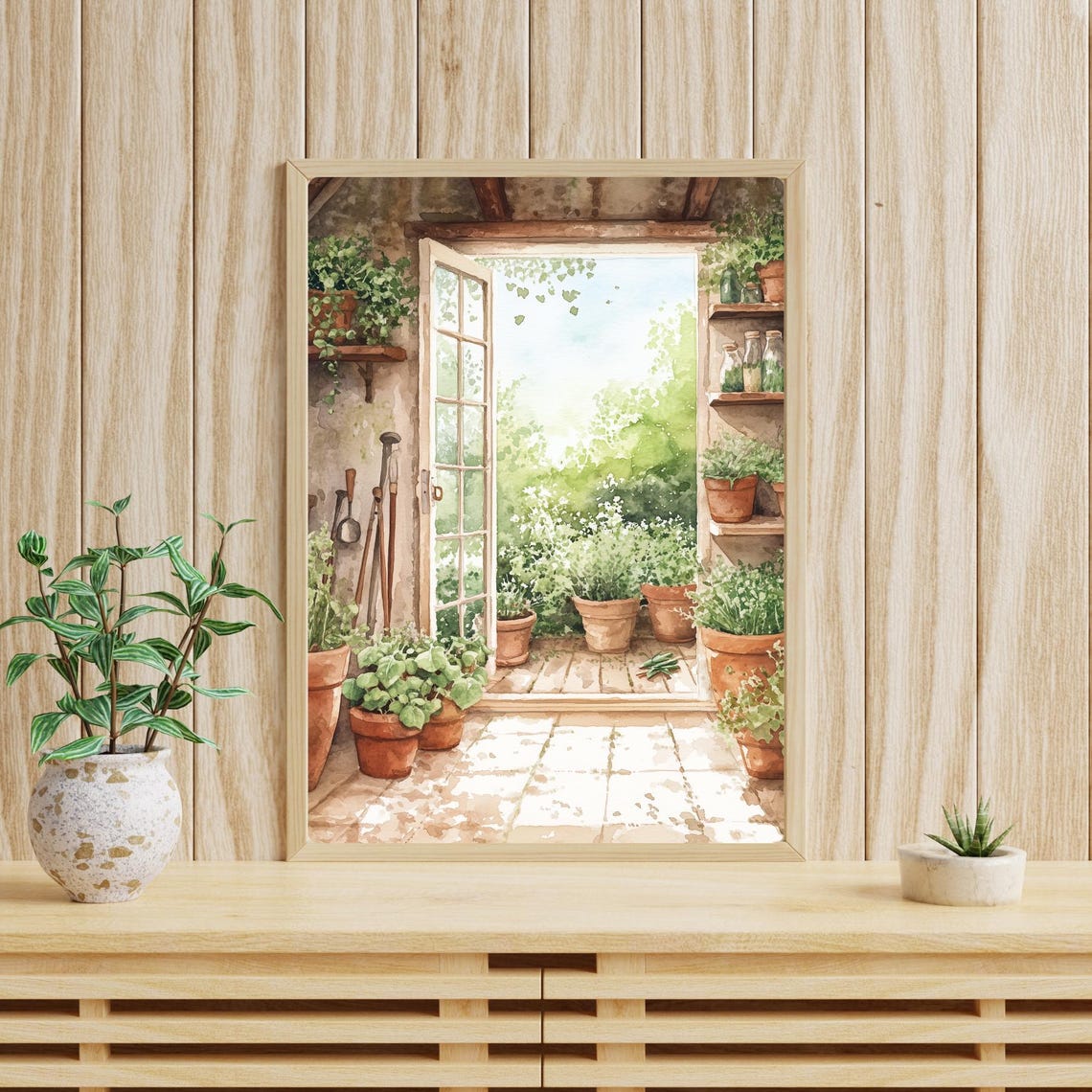 Sunlit Old Greenhouse Interior with Terracotta Potted Plants Print - Image 5