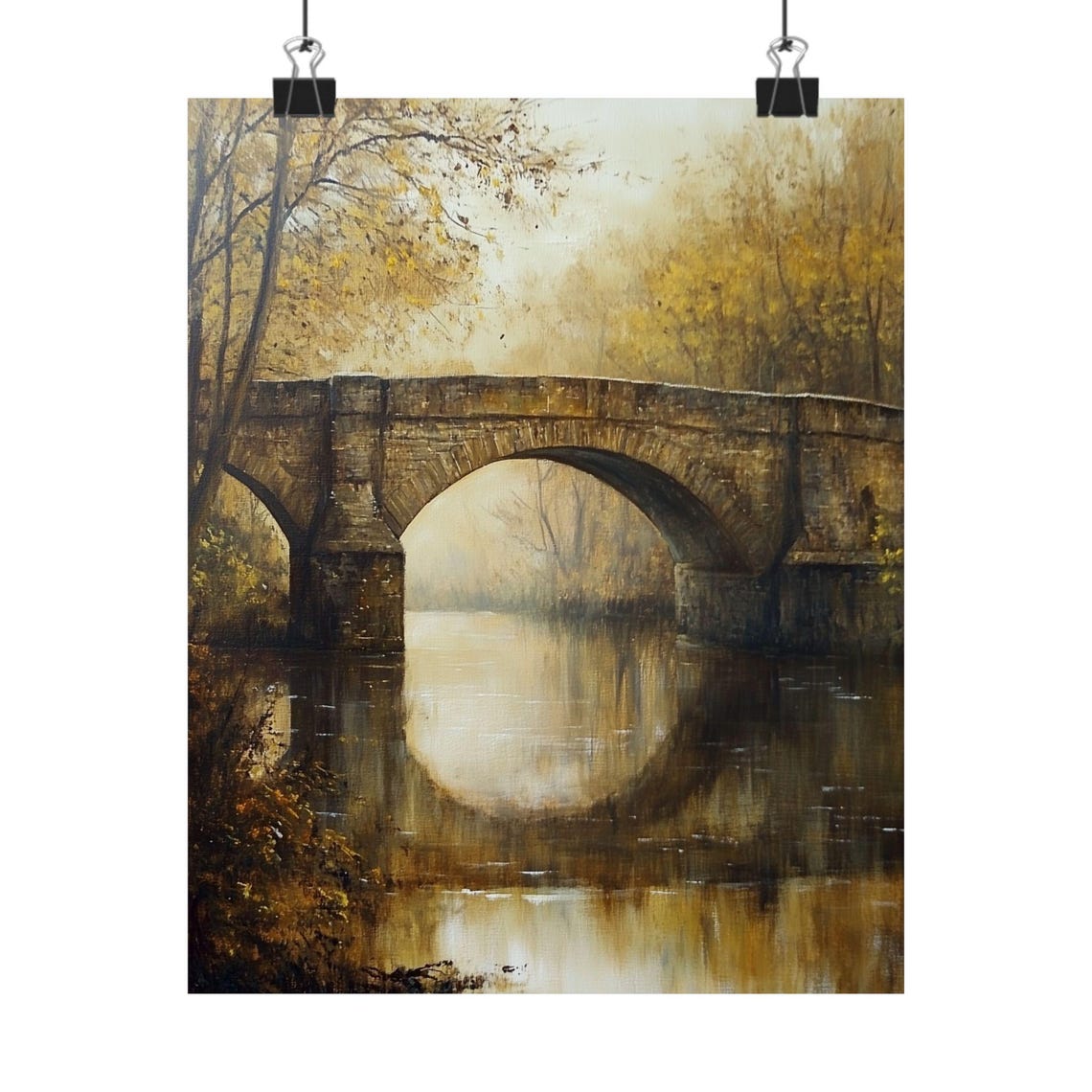 Old Stone Bridge Autumn River Reflection Oil Painting Poster