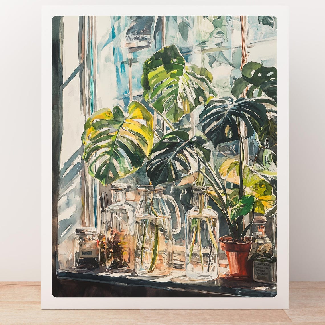 Sunlit Windowsill with Monstera Leaves and Glass Jars Poster - Image 5