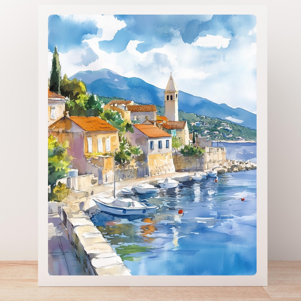 Croatian Coastal Town Harbor with Bell Tower Watercolor Poster - Image 5