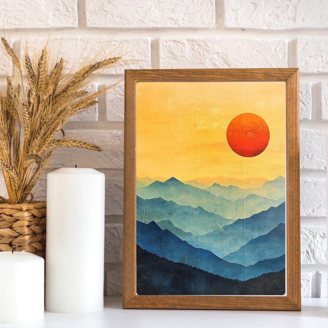 Layered Blue Mountains Under Golden Sunset Modern Landscape Poster - Image 2