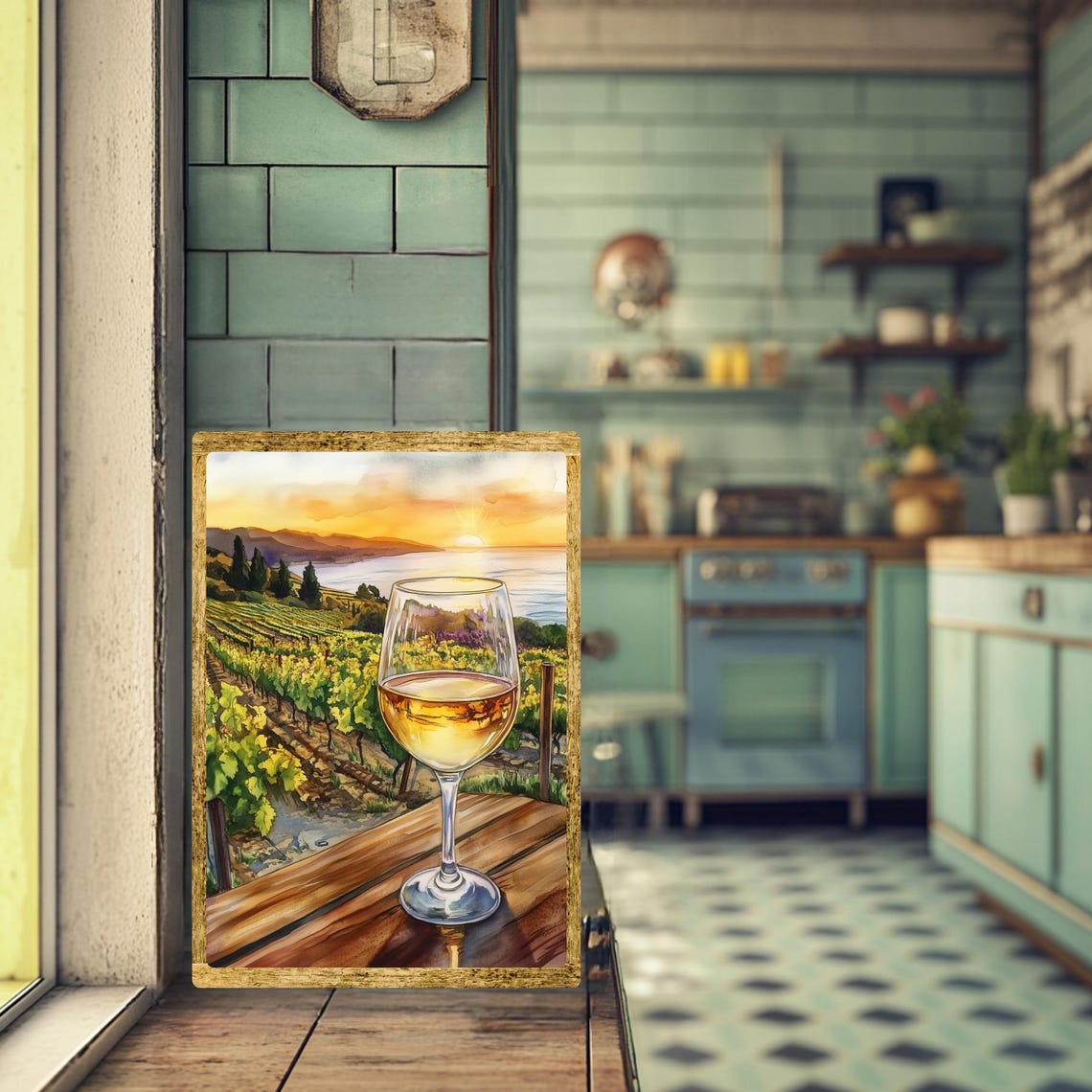 White Wine Glass Above Vineyard Rows at a Coastal Sunset Poster - Image 2